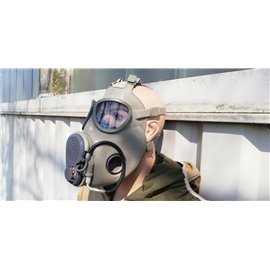 orig. Armee Schutzmaske ABC Mod. M10 mit Backenfilter, Ersatz-Filter, Ersatzgläser, Ventile und Tasche