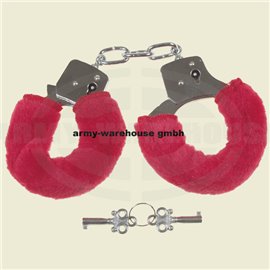 Handschellen mit 2 Schlüssel, chrom, Fellüberzug in rot